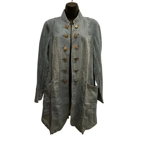 J.Jill Denim Linen Blend Military style Duster In Sequoia Wash Size M MSRP: $139 - Picture 4 of 11